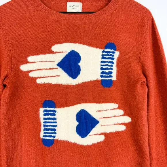SAVED NY Womens S/M Graphic Hands 100% Cashmere Sweater Dark Orange $410
